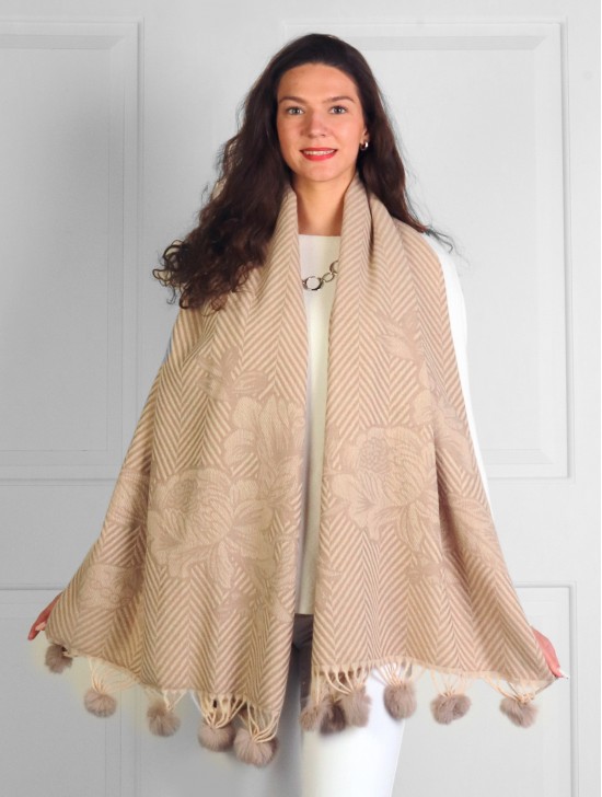 Cashmere Feeling Zig Zag & Flower Scarf with Fringes